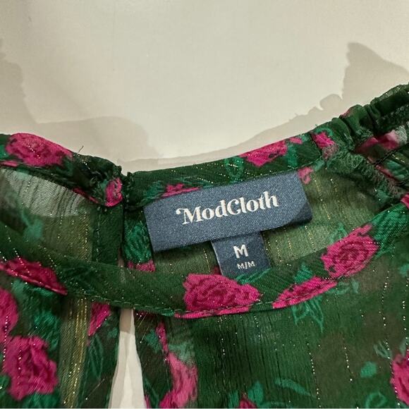 ModCloth‎ Green & Pink Floral Metallic Sheer Long Sleeve Blouse Size M - Picture 5 of 8